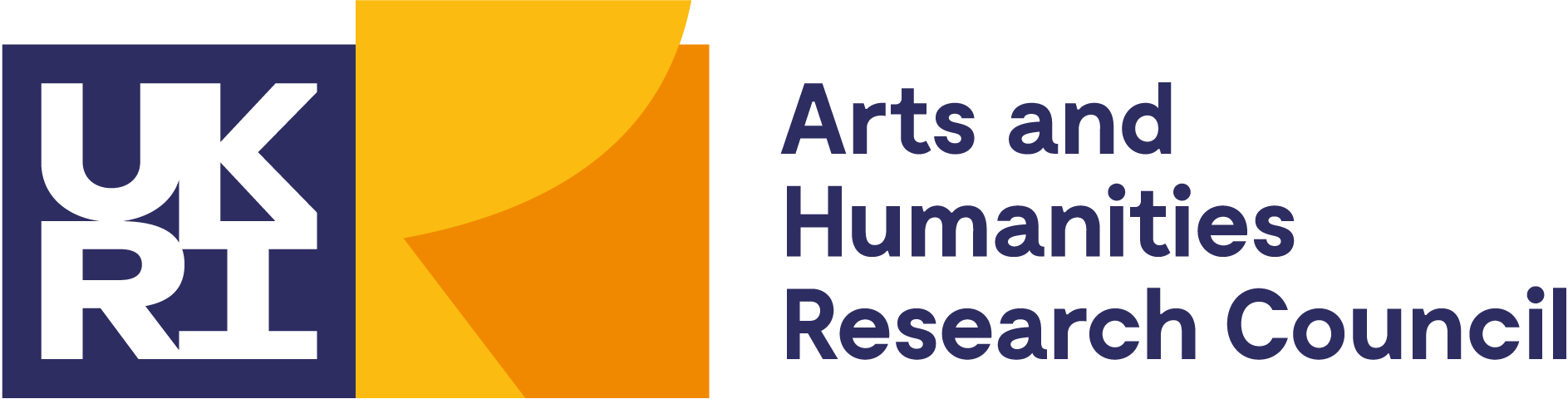 The AHRC logo, saying 'UKRI' on the left in white with a purple background, and Arts and Humanities Research Council in purple on the right